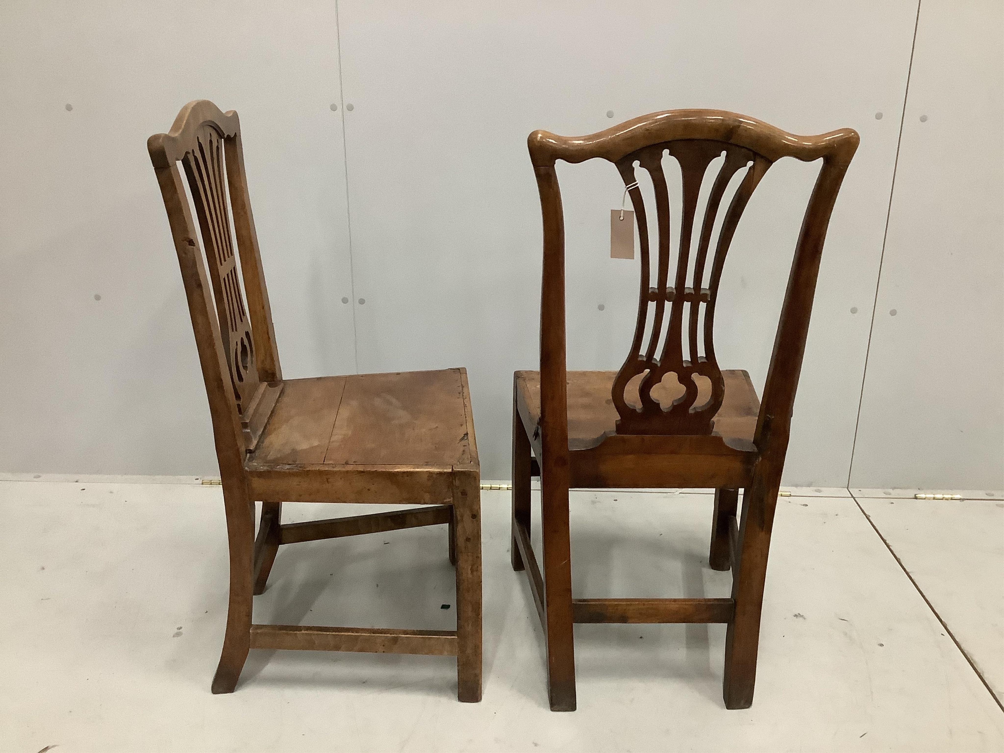 A pair of George III Provincial fruitwood side chairs, with pierced back splats, on square legs, width 46cm, depth 39cm, height 96cm. Condition - fair